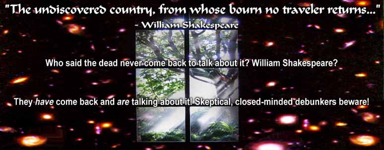The undiscovered country, from whose bourn no traveler returns... Who said the dead never come back to talk about it? William Shakespeare? They have come back and are talking about it! Skeptical, closed mined debunkers beware!